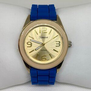 Geneva platinum women’s gold tone watch 38mm quartz blue silicone band running